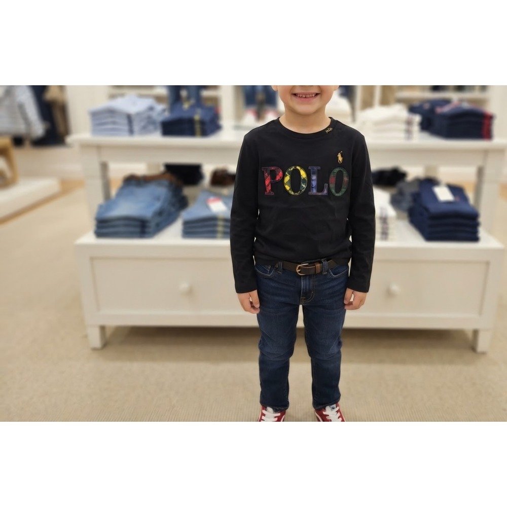 Polo Ralph Lauren Boys Black Plaid Patchwork Logo Long Sleeve Tee Size L 12-14